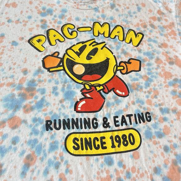 Pac-Man Running & Eating Logo Crew Neck Shirt Men XL White Tie Dyed Retro Gaming - Picture 2 of 8